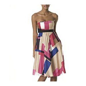 David Meister Dress Womens 4 Artsy Geometric Print Strapless Silk Flirty Boho